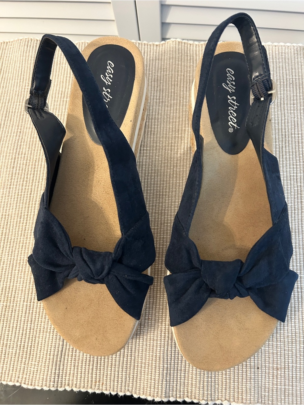 easy street Navy Suede Bow Slingback Wedge Sandals